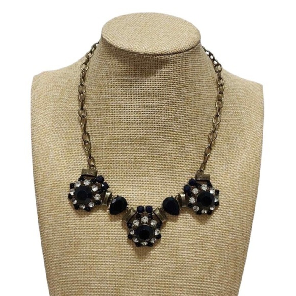 J. Crew Black Navy Crystal Floral Statement Bib Necklace Antique Brass Tone